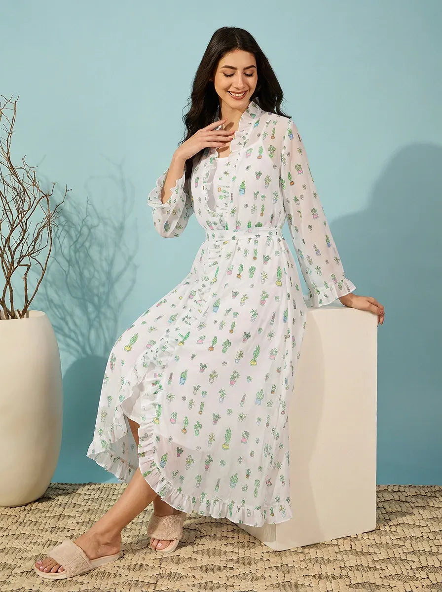 The Kaftan Company Sleep Gowns White Cactus Print Sheer Chiffon Robe Gown