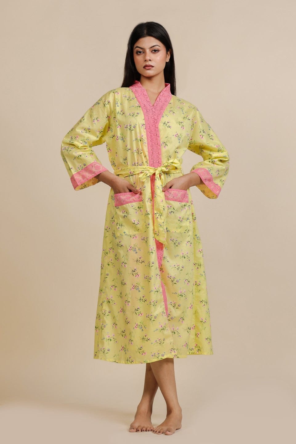 The Kaftan Company Sleep Gowns Yellow Floral Cotton Loungewear Gown with Pink Lace Trim