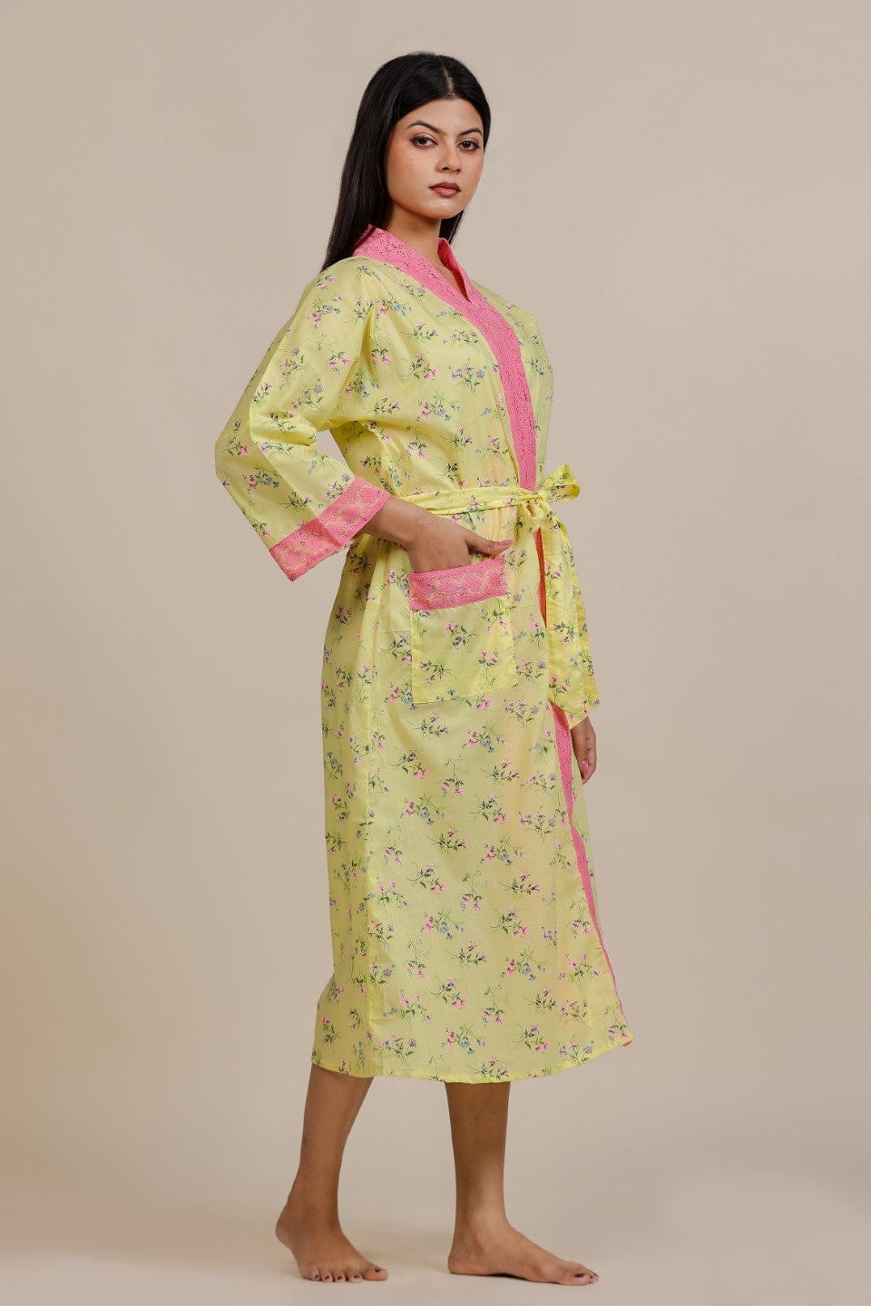 The Kaftan Company Sleep Gowns Yellow Floral Cotton Loungewear Gown with Pink Lace Trim