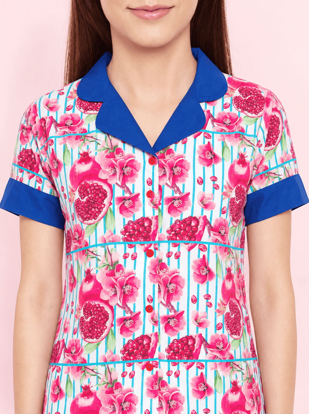 The Kaftan Company Sleep Shirt Pink Pomegranate Print Crepe Sleep Shirt with Blue Contrast Collar