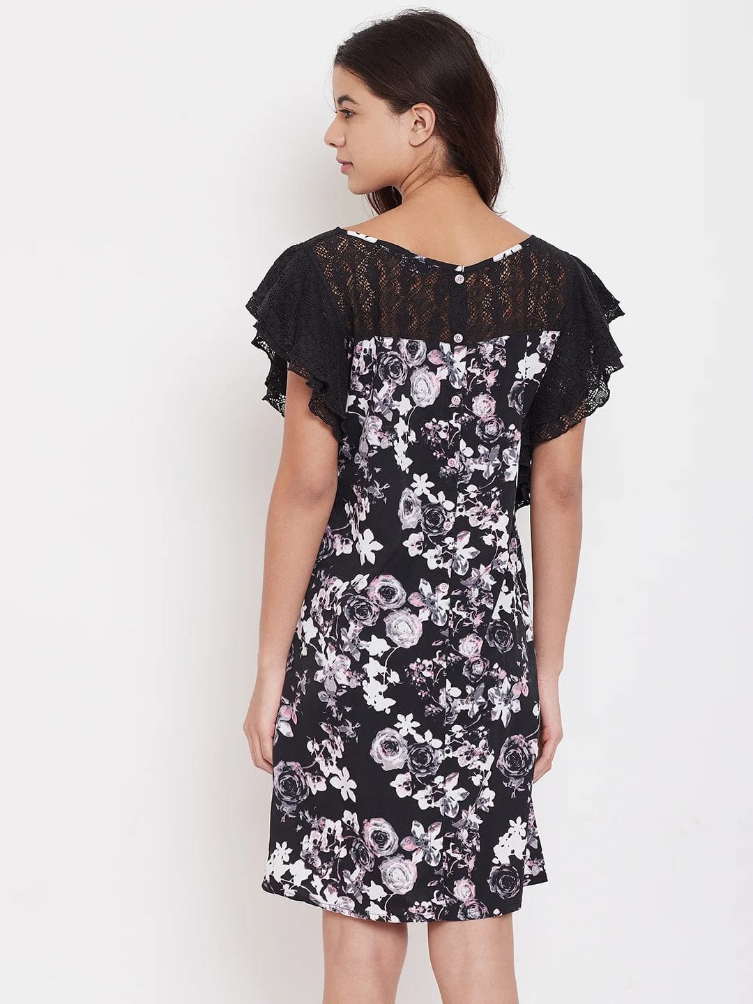 The Kaftan Company Sleepshirt Black Floral Sleepdress with Lace - (Clearance - Final Sale)