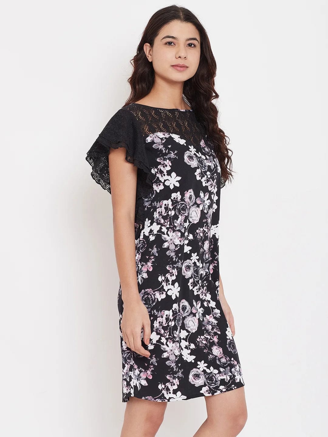 The Kaftan Company Sleepshirt Black Floral Sleepdress with Lace - (Clearance - Final Sale)