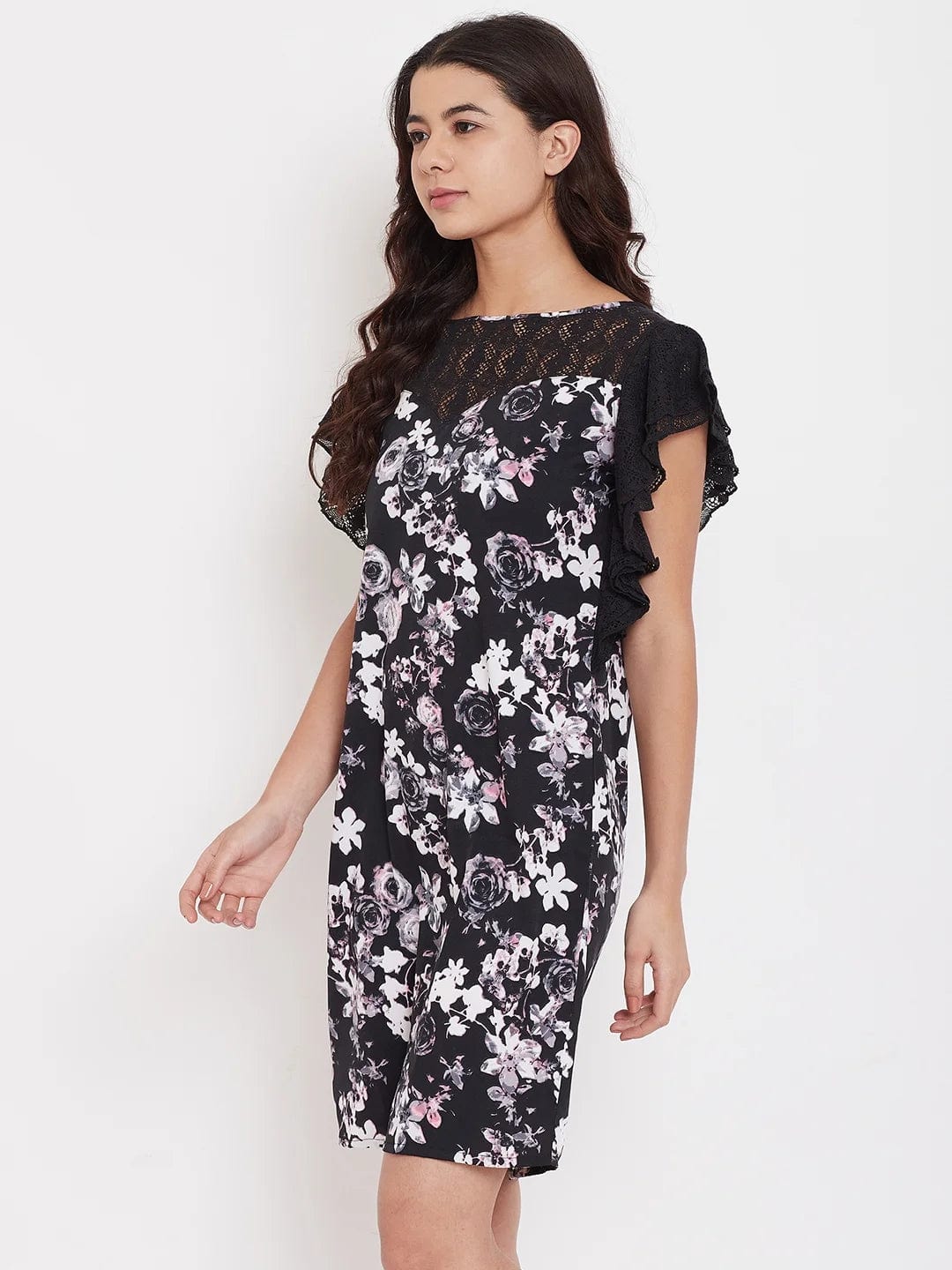The Kaftan Company Sleepshirt Black Floral Sleepdress with Lace - (Clearance - Final Sale)