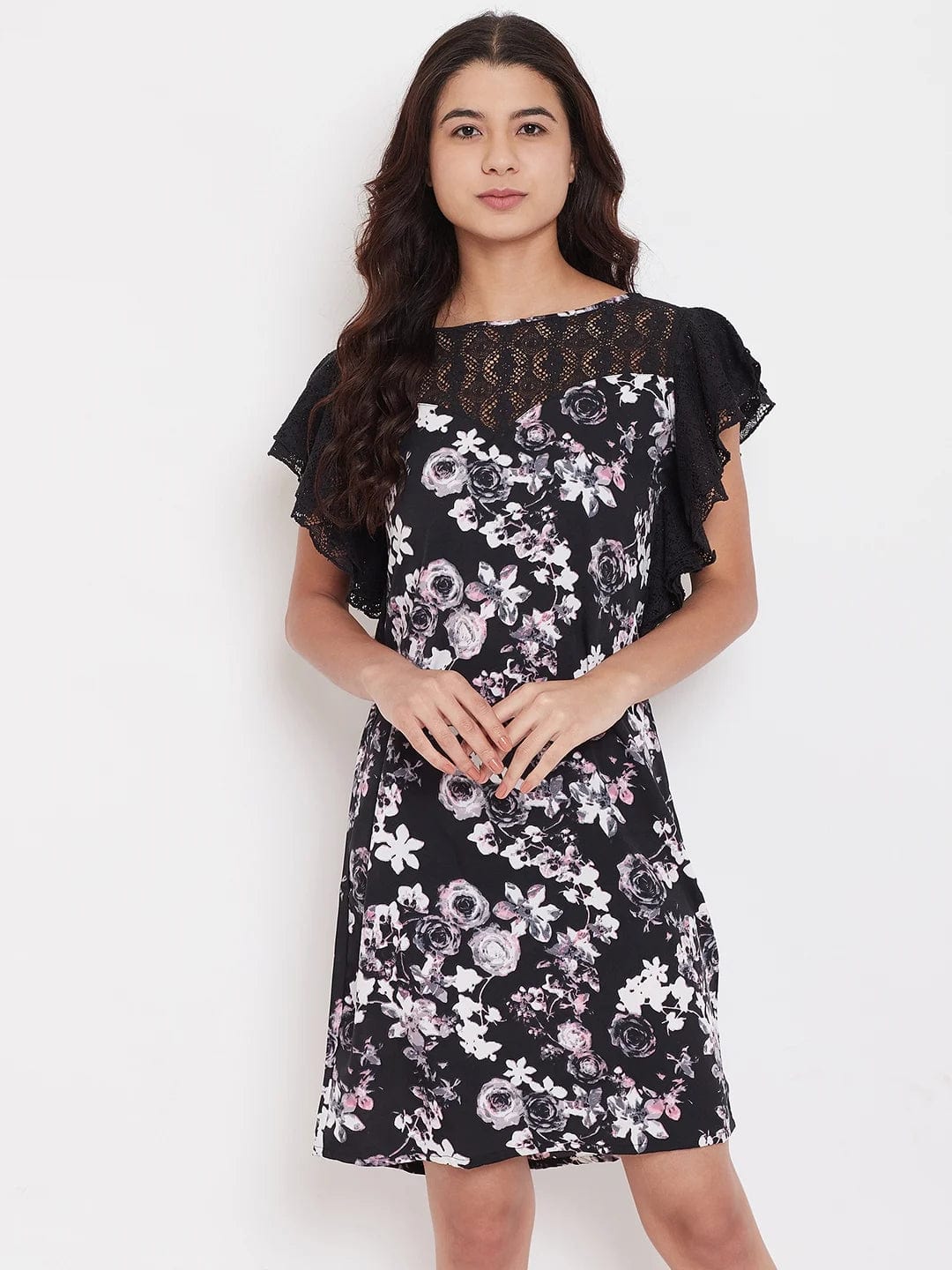 The Kaftan Company Sleepshirt Black Floral Sleepdress with Lace - (Clearance - Final Sale)