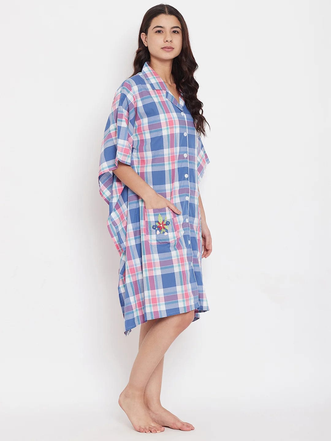 The Kaftan Company Sleepshirt CHECKS KNEE LENGTH KAFTAN WITH EMBROIDERED POCKETS