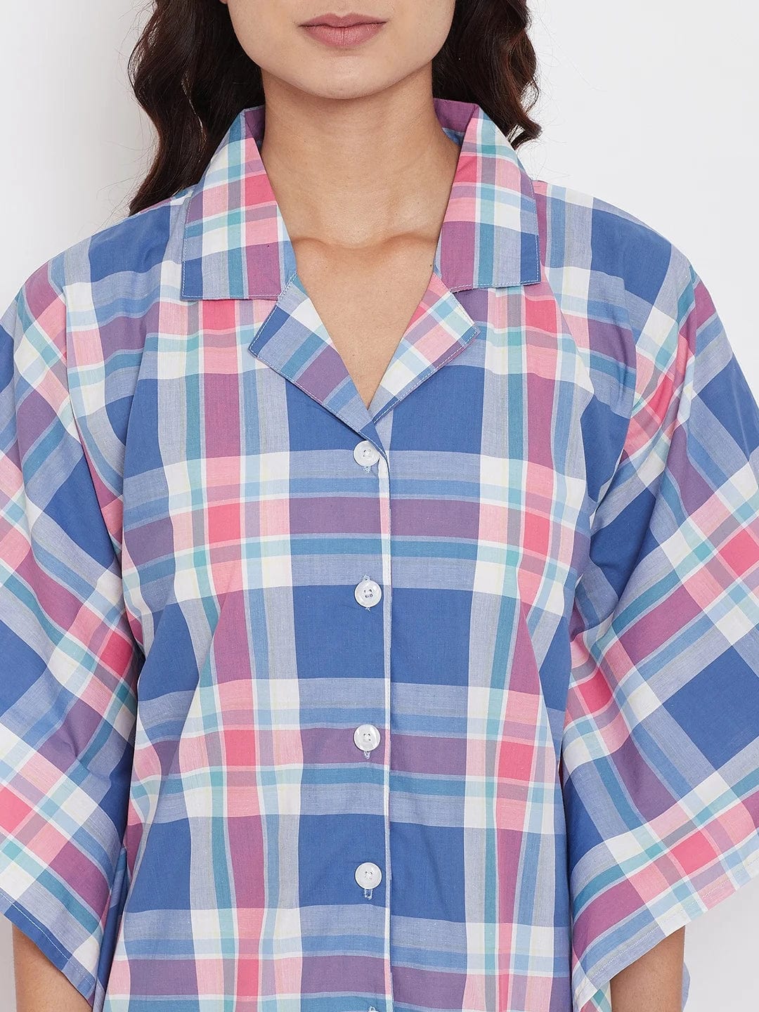 The Kaftan Company Sleepshirt CHECKS KNEE LENGTH KAFTAN WITH EMBROIDERED POCKETS