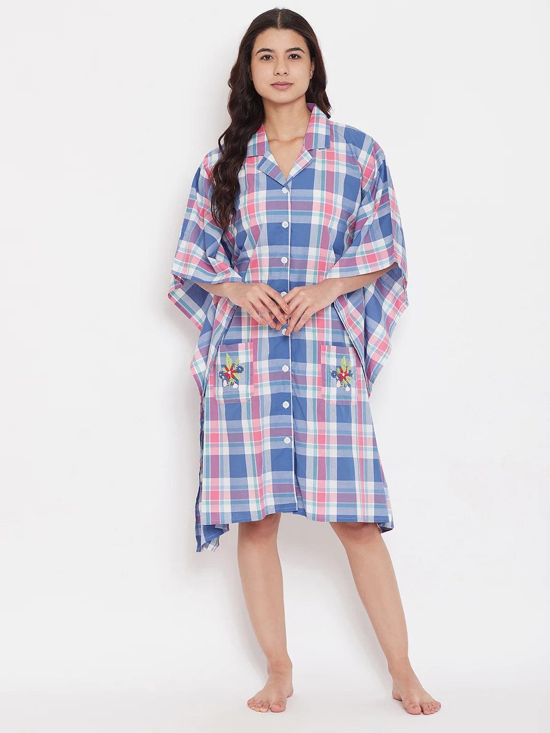 The Kaftan Company Sleepshirt CHECKS KNEE LENGTH KAFTAN WITH EMBROIDERED POCKETS