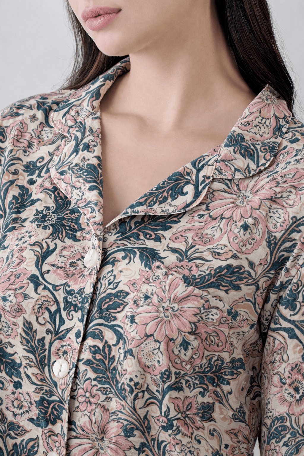 The Kaftan Company Sleepshirt Viscose Linen Blend Floral Button-Front Sleepshirt