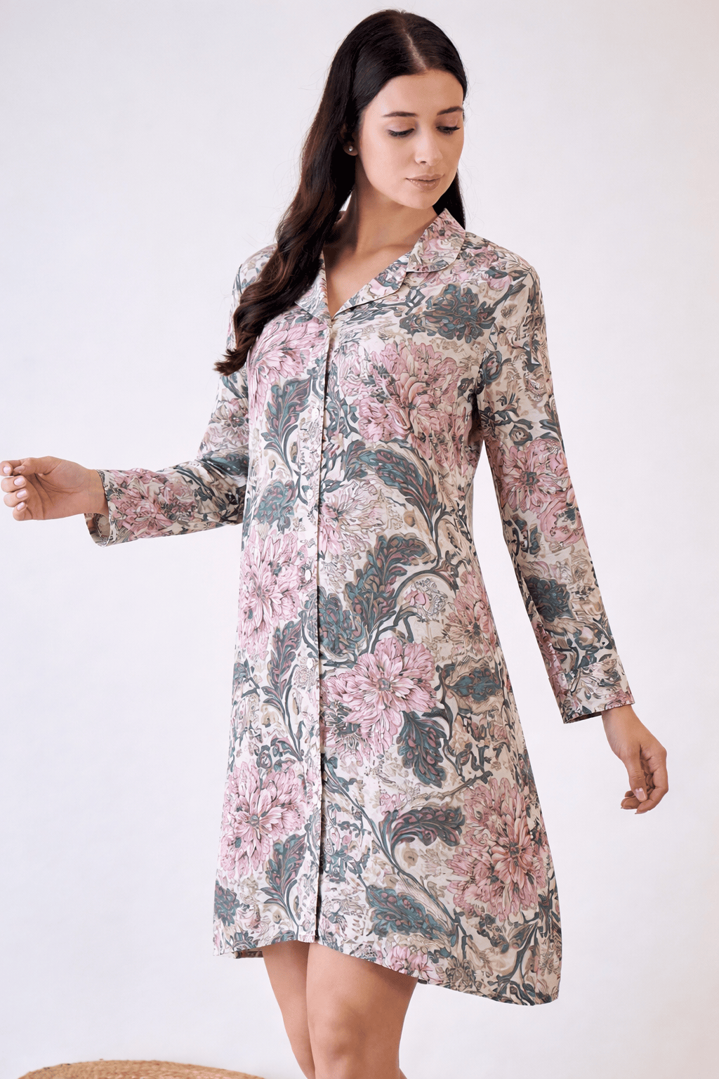 The Kaftan Company Sleepshirt Viscose Linen Blend Floral Button-Front Sleepshirt