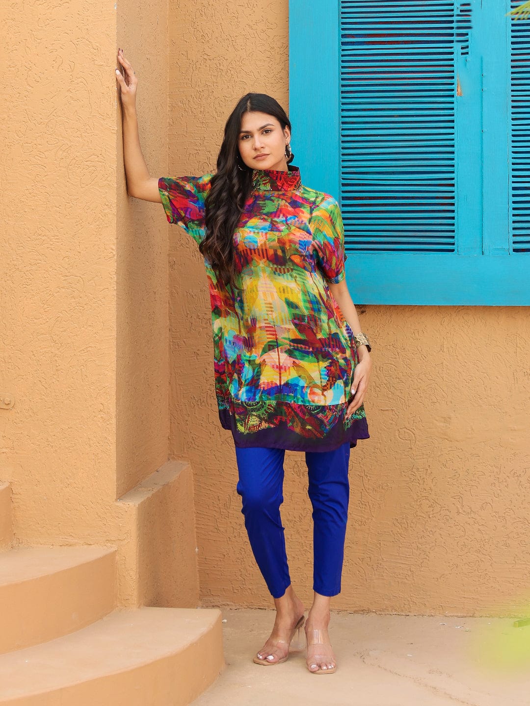 The Kaftan Company Tops Abstract Printed Natural Crepe Tunic Top with Short Sleeves