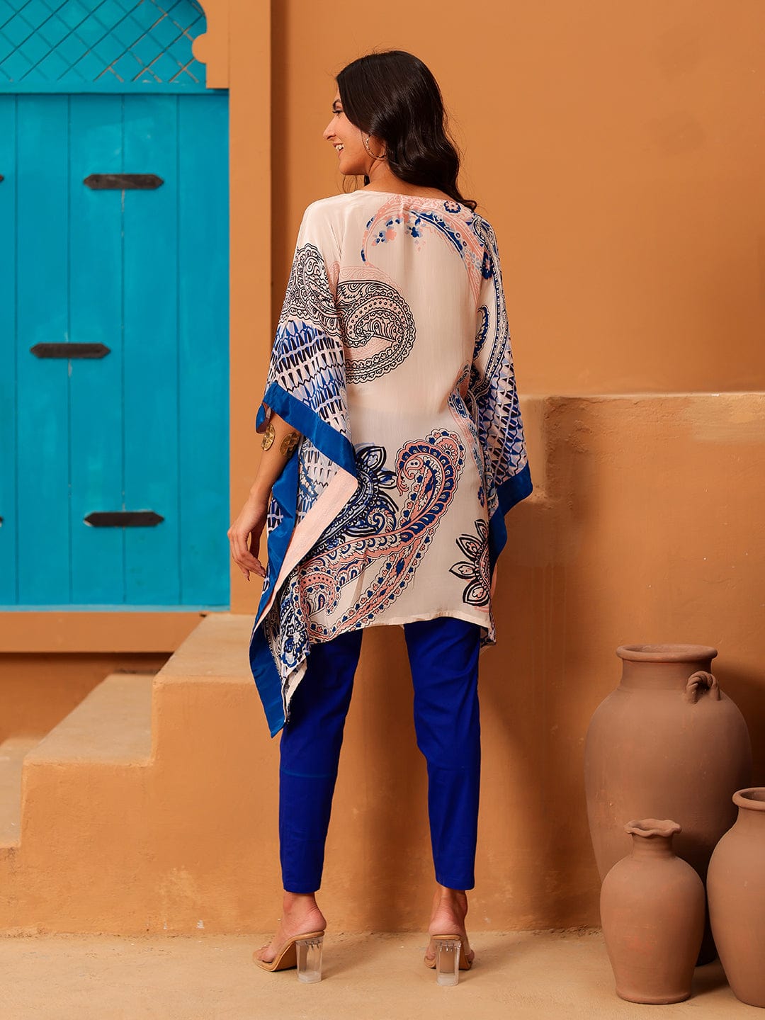 The Kaftan Company Tops Beige Paisley Printed Crepe Kaftan Tunic Top