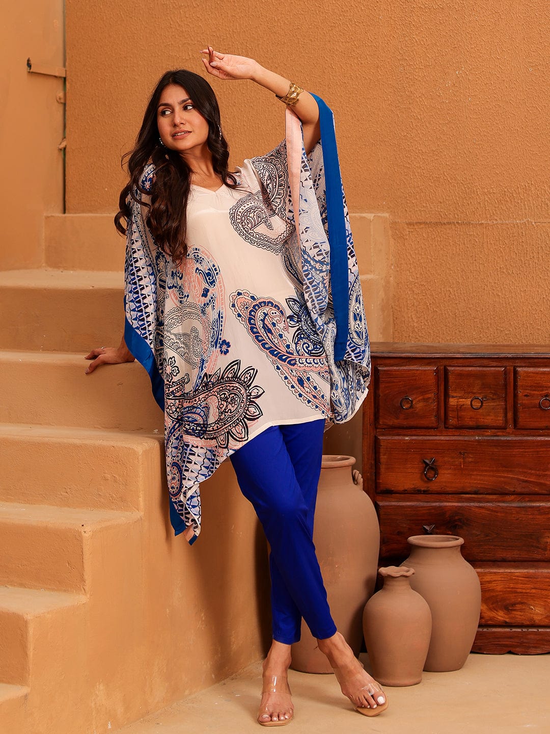 The Kaftan Company Tops Beige Paisley Printed Crepe Kaftan Tunic Top