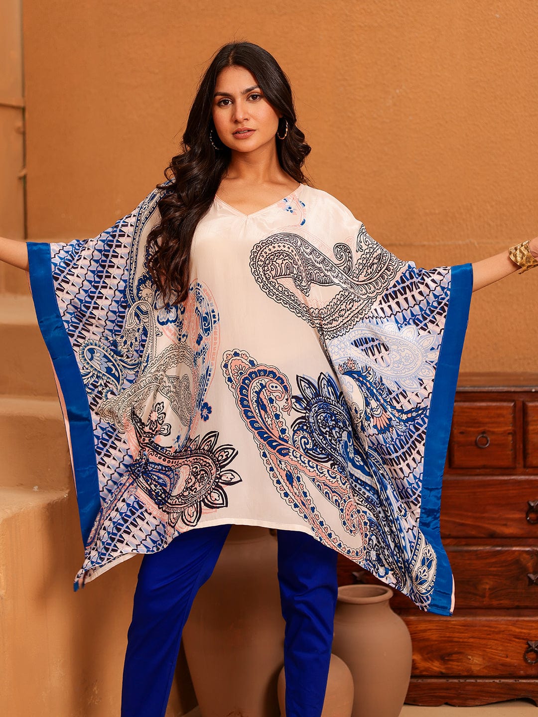 The Kaftan Company Tops Beige Paisley Printed Crepe Kaftan Tunic Top