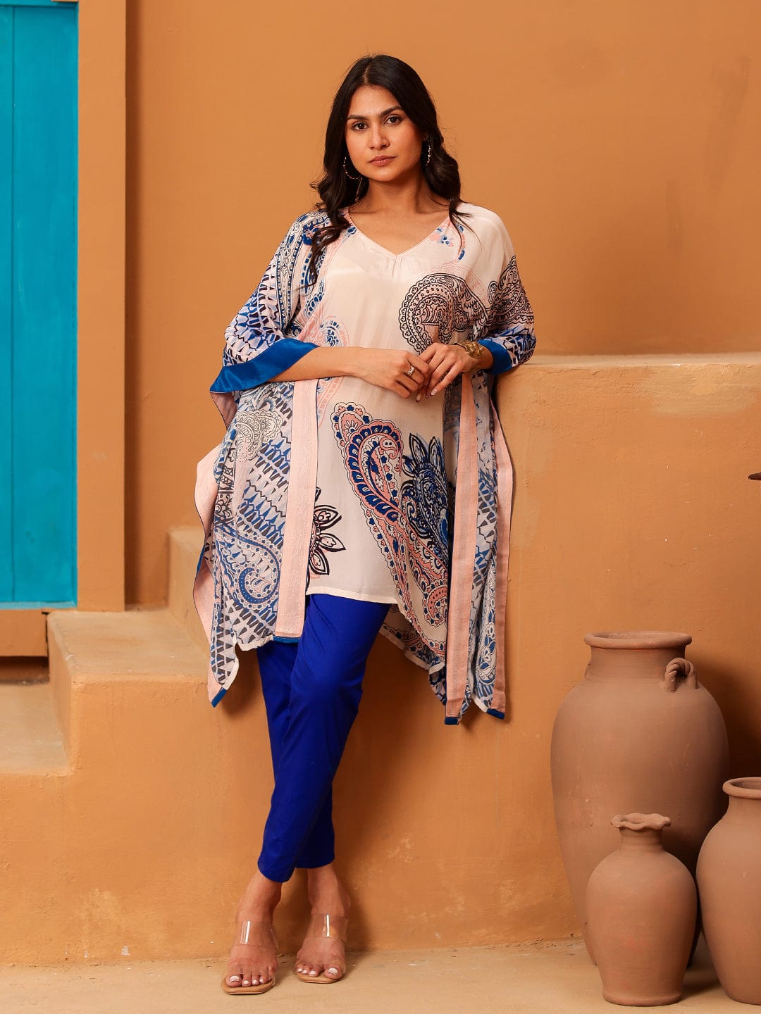 The Kaftan Company Tops Beige Paisley Printed Crepe Kaftan Tunic Top