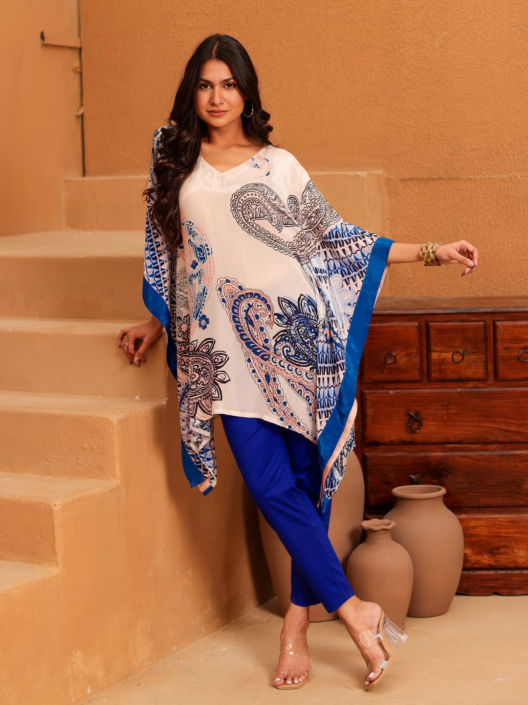 The Kaftan Company Tops Beige Paisley Printed Crepe Kaftan Tunic Top