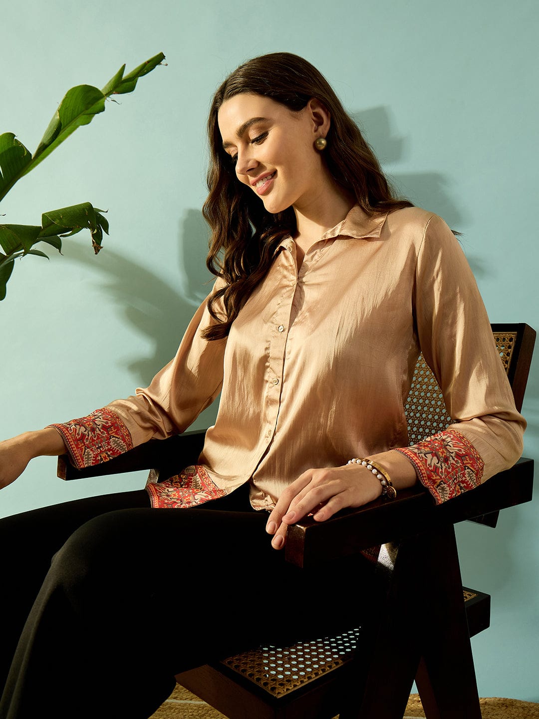 The Kaftan Company Tops Beige Satin Ethnic Border Shirt