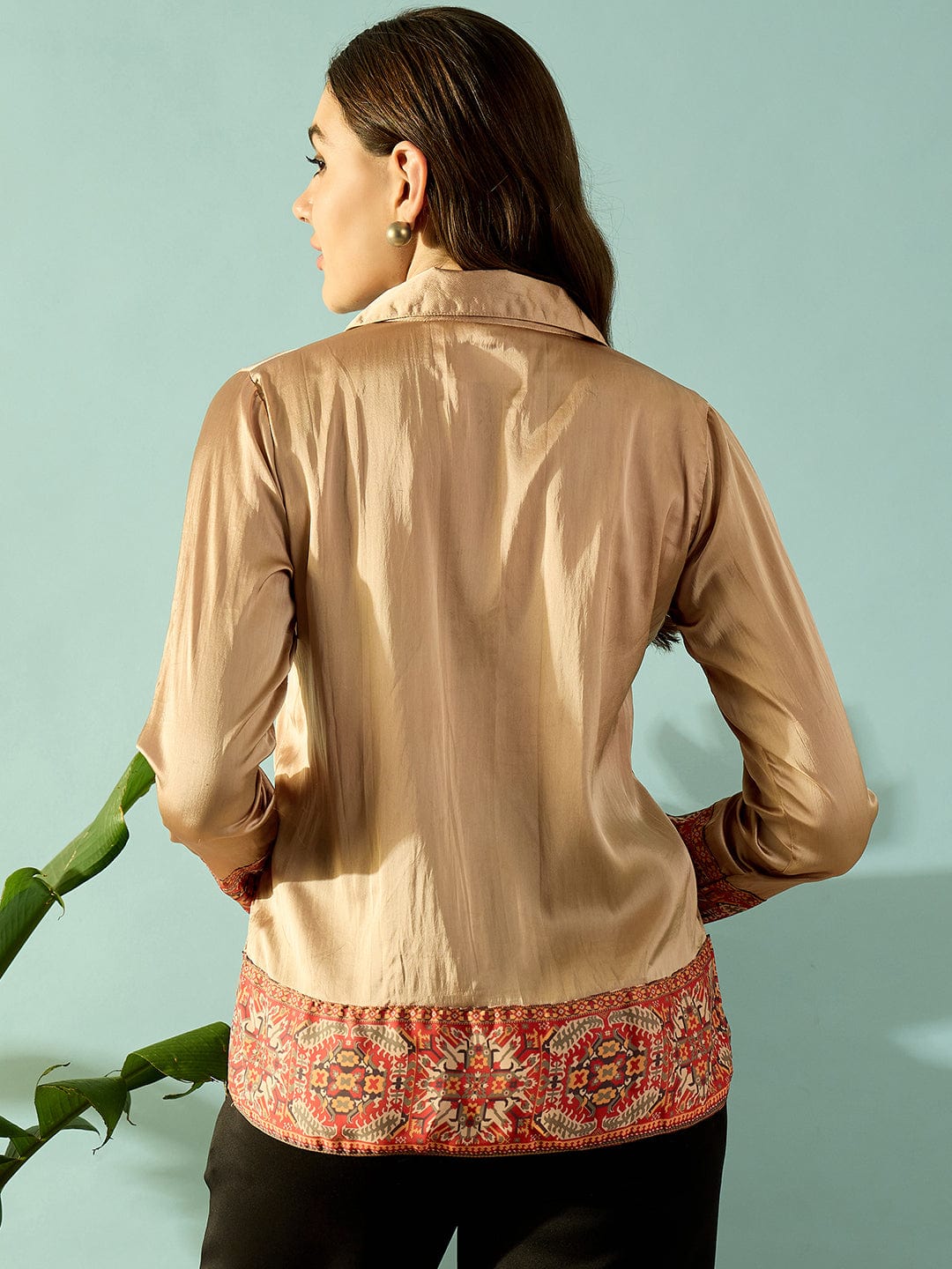 The Kaftan Company Tops Beige Satin Ethnic Border Shirt
