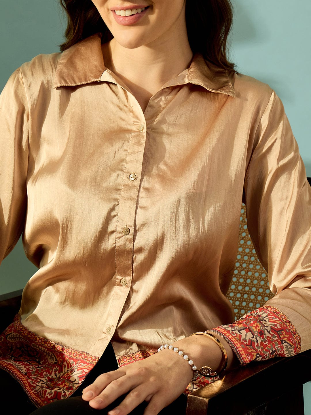The Kaftan Company Tops Beige Satin Ethnic Border Shirt