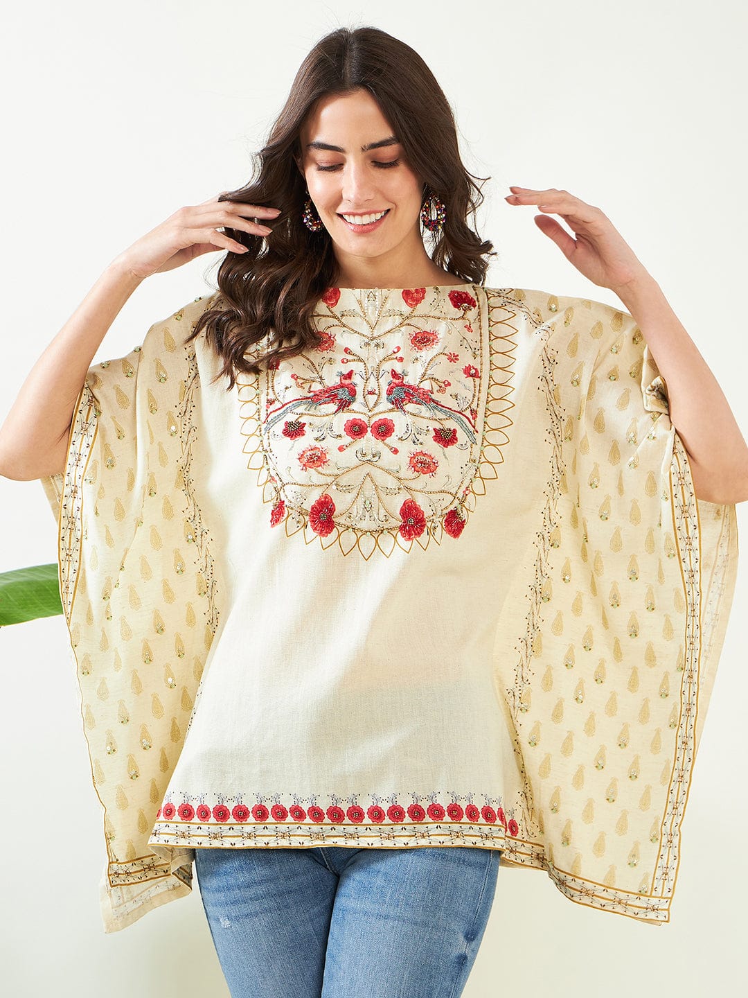 The Kaftan Company Tops Birds in Paradise Ivory Hand Embroidered Kaftan Top