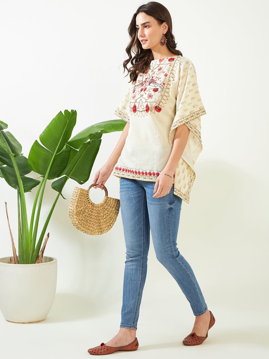 The Kaftan Company Tops Birds in Paradise Ivory Hand Embroidered Kaftan Top