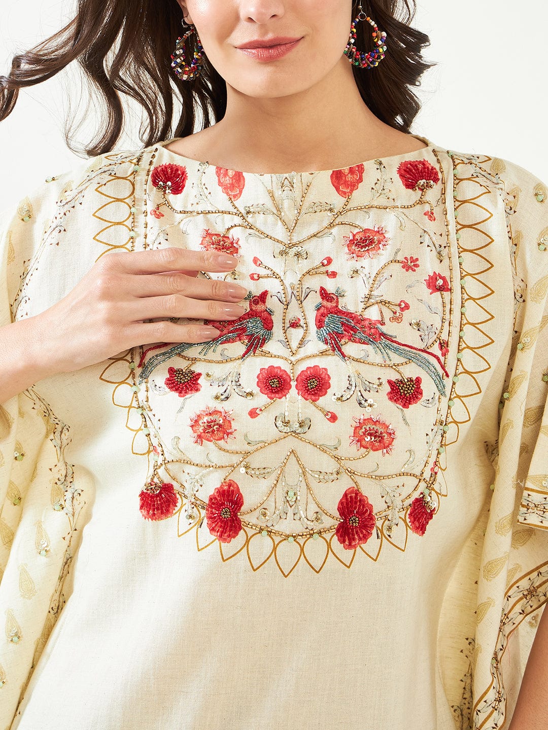 The Kaftan Company Tops Birds in Paradise Ivory Hand Embroidered Kaftan Top