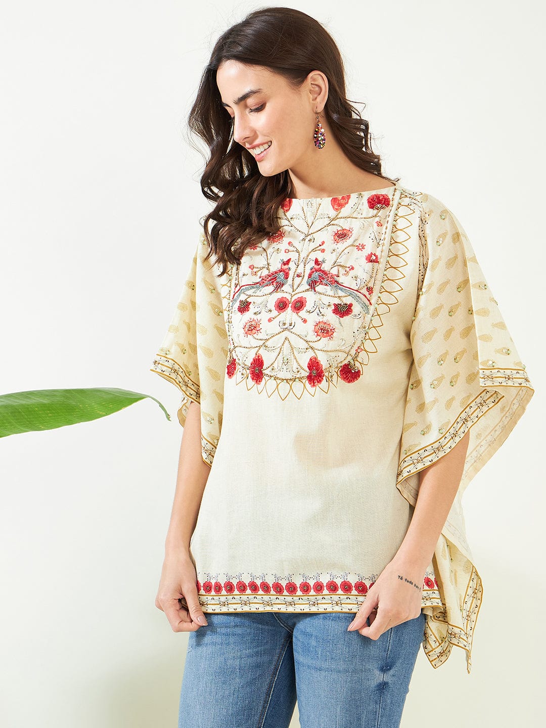 The Kaftan Company Tops Birds in Paradise Ivory Hand Embroidered Kaftan Top