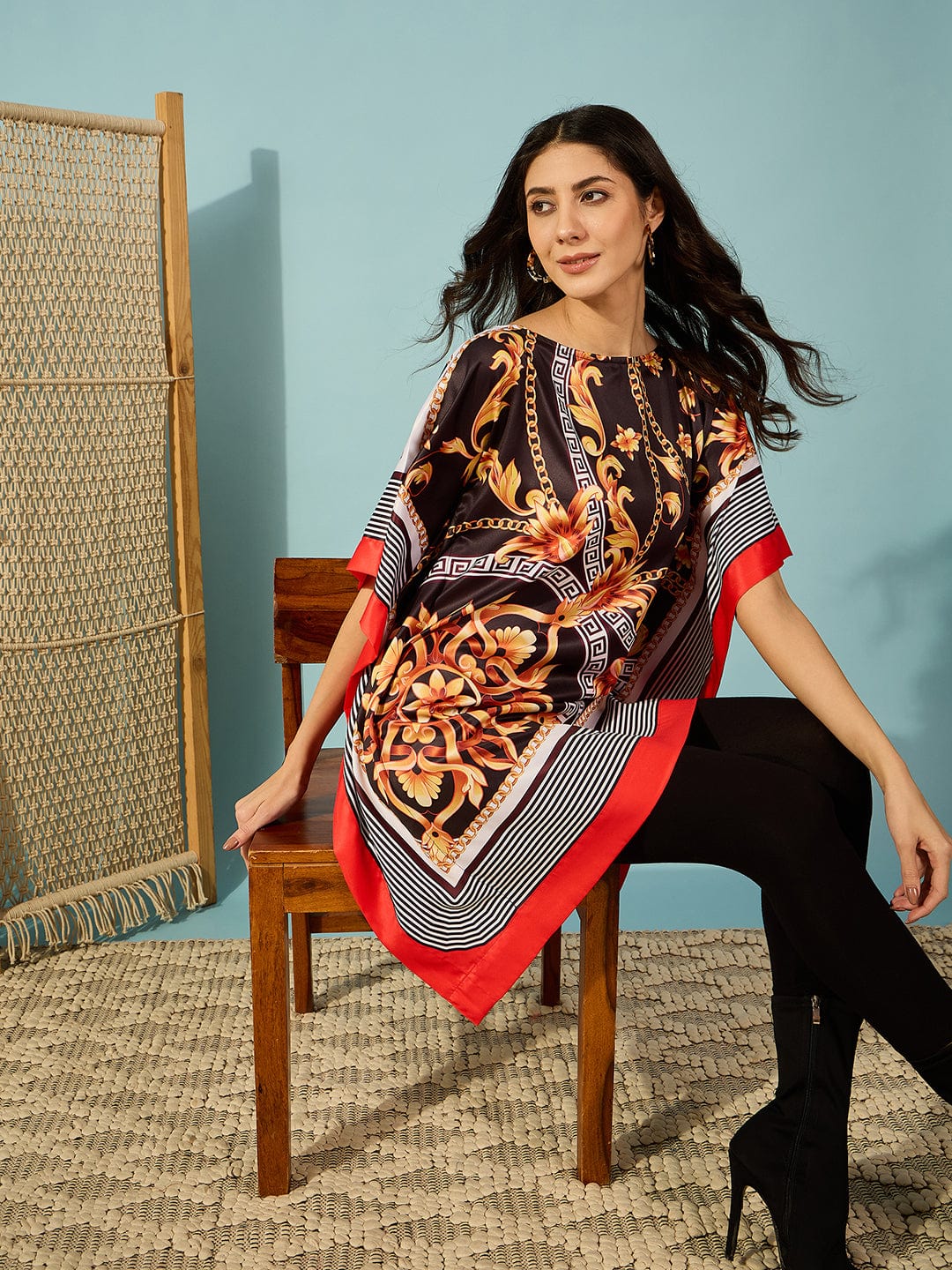 The Kaftan Company Tops Black and Gold Baroque Printed Satin Kaftan Tunic