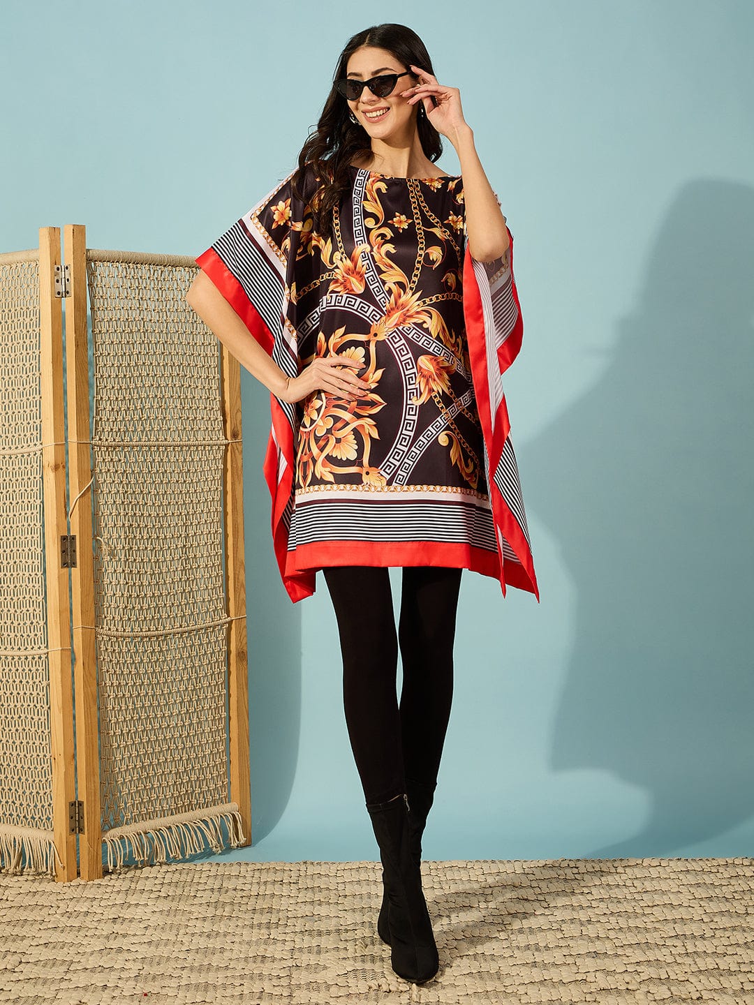 The Kaftan Company Tops Black and Gold Baroque Printed Satin Kaftan Tunic