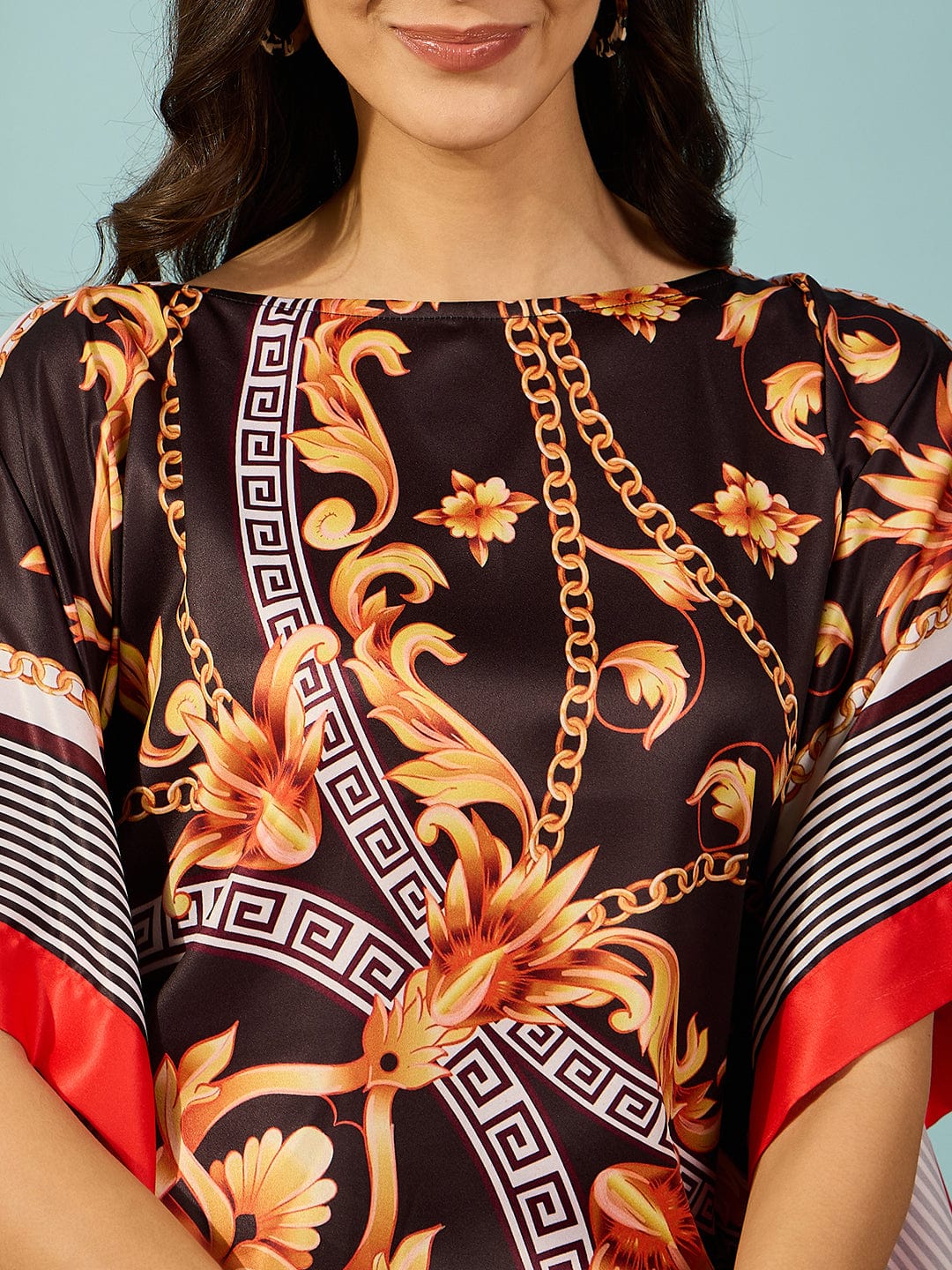 The Kaftan Company Tops Black and Gold Baroque Printed Satin Kaftan Tunic