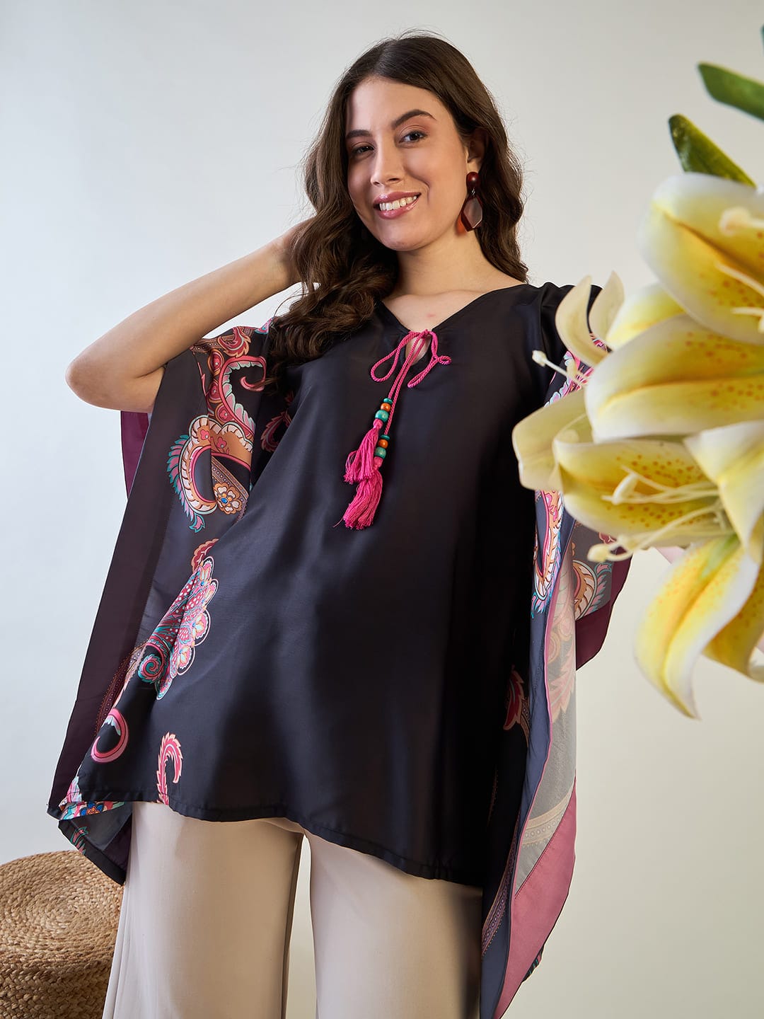 The Kaftan Company Tops Black and Pink Floral Kaftan Top
