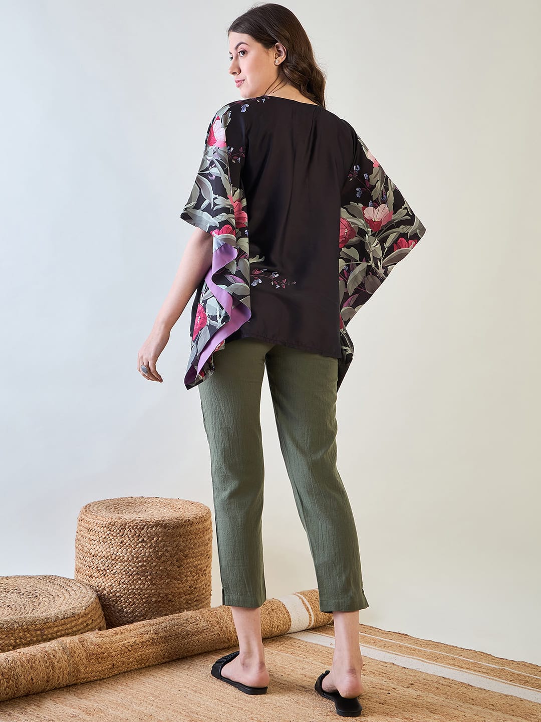 The Kaftan Company Tops Black and Purple Floral Kaftan Top