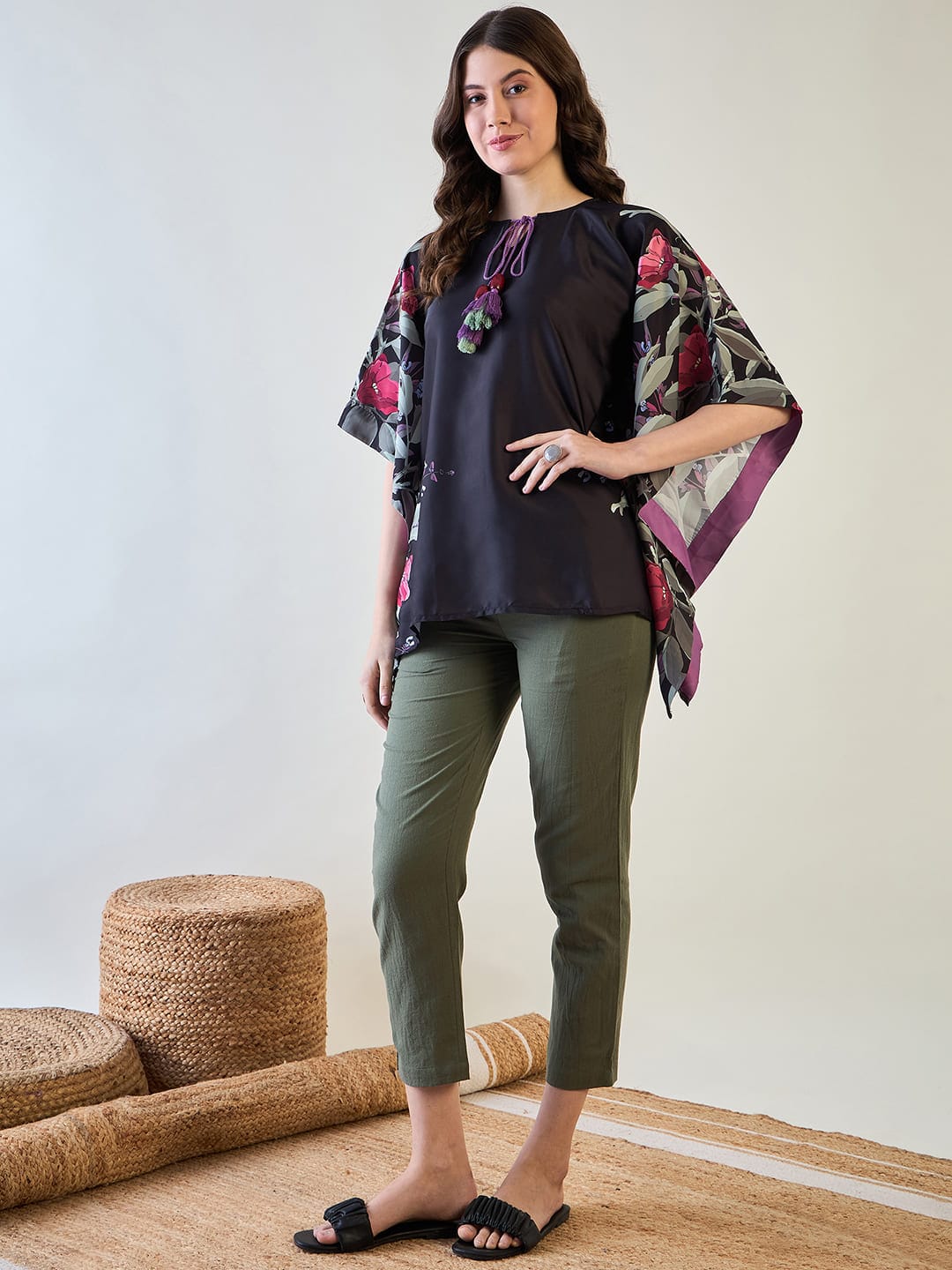 The Kaftan Company Tops Black and Purple Floral Kaftan Top