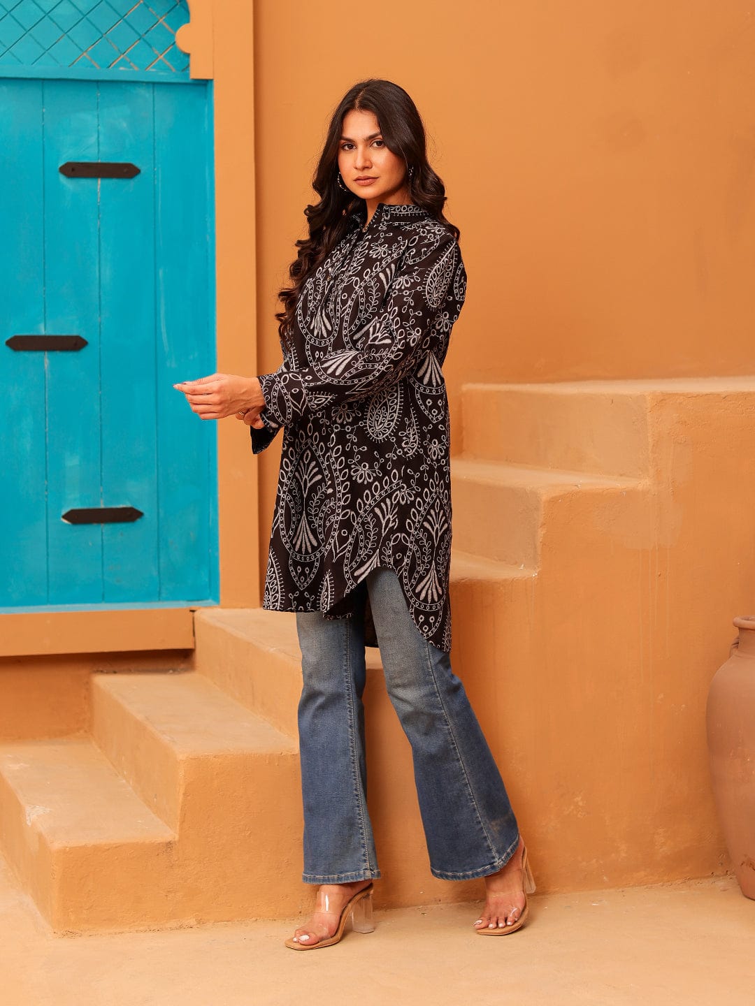 The Kaftan Company Tops Black and White Paisley Print Cotton Tunic Top