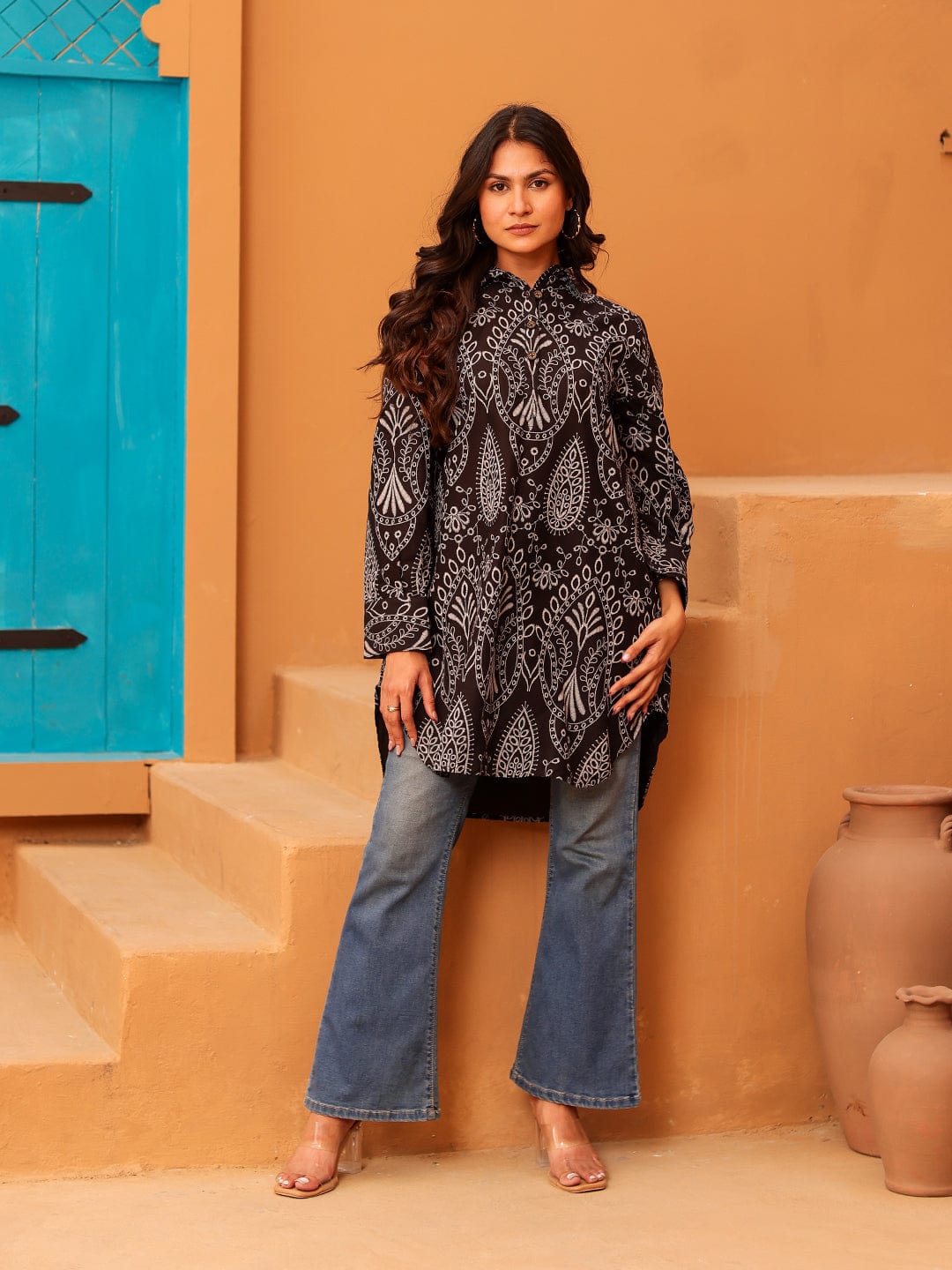 The Kaftan Company Tops Black and White Paisley Print Cotton Tunic Top