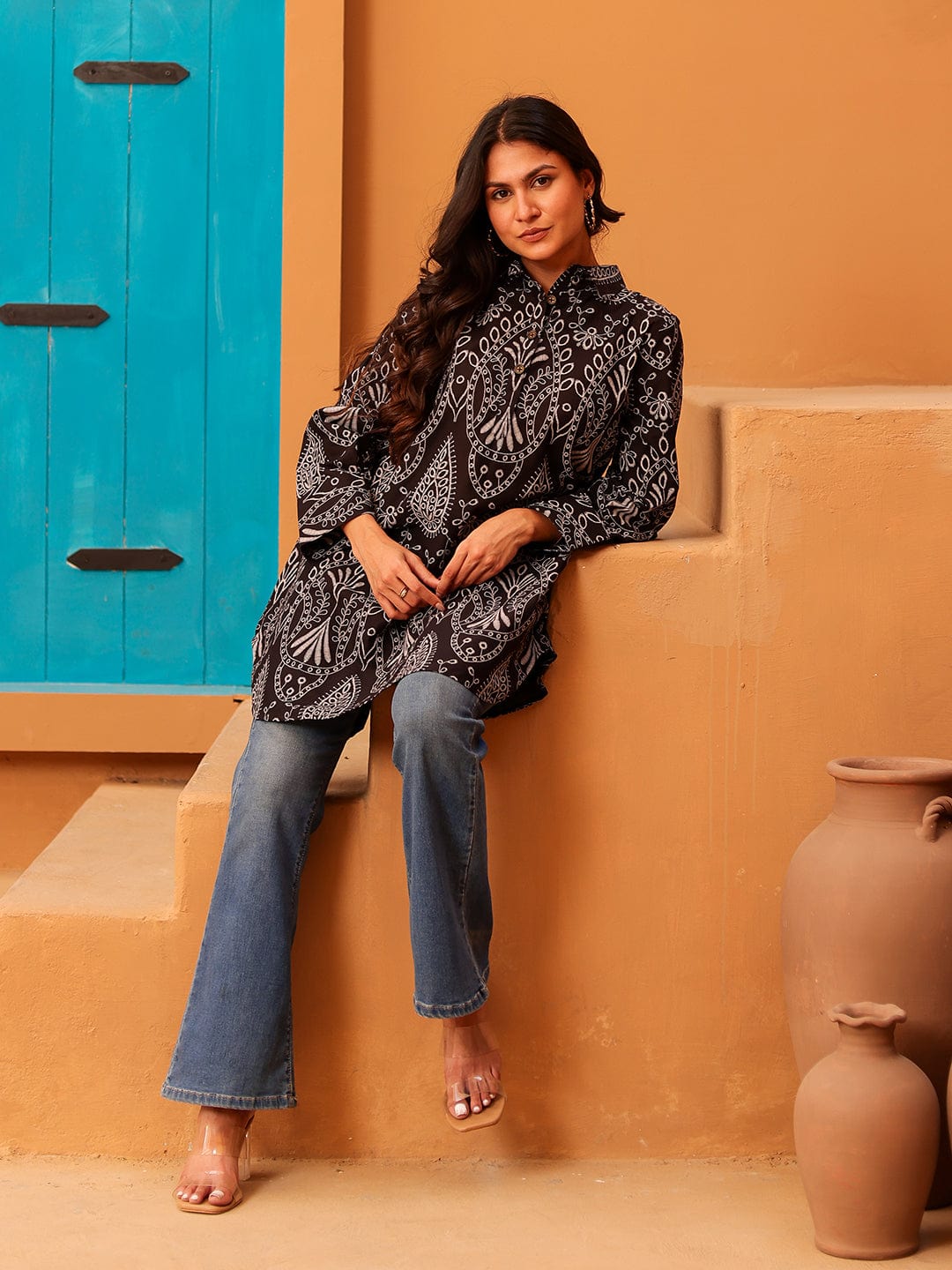 The Kaftan Company Tops Black and White Paisley Print Cotton Tunic Top