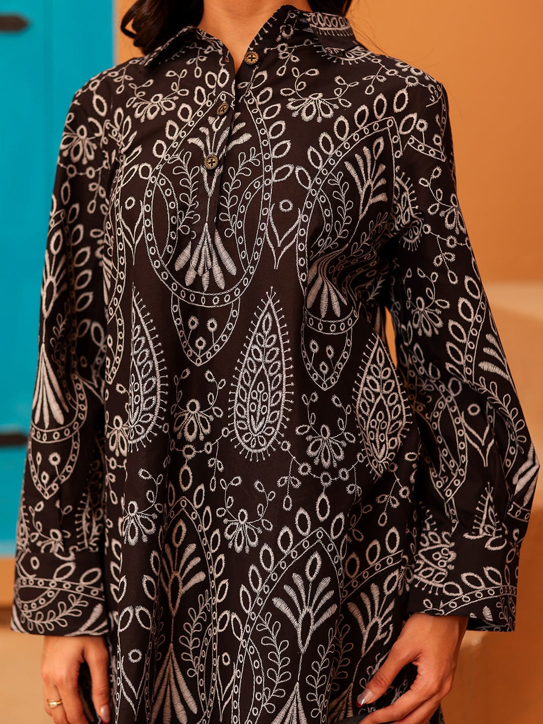 The Kaftan Company Tops Black and White Paisley Print Cotton Tunic Top