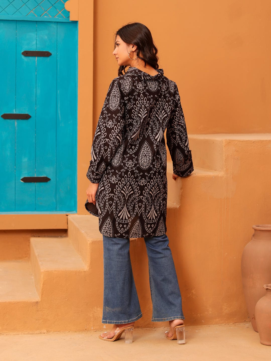 The Kaftan Company Tops Black and White Paisley Print Cotton Tunic Top