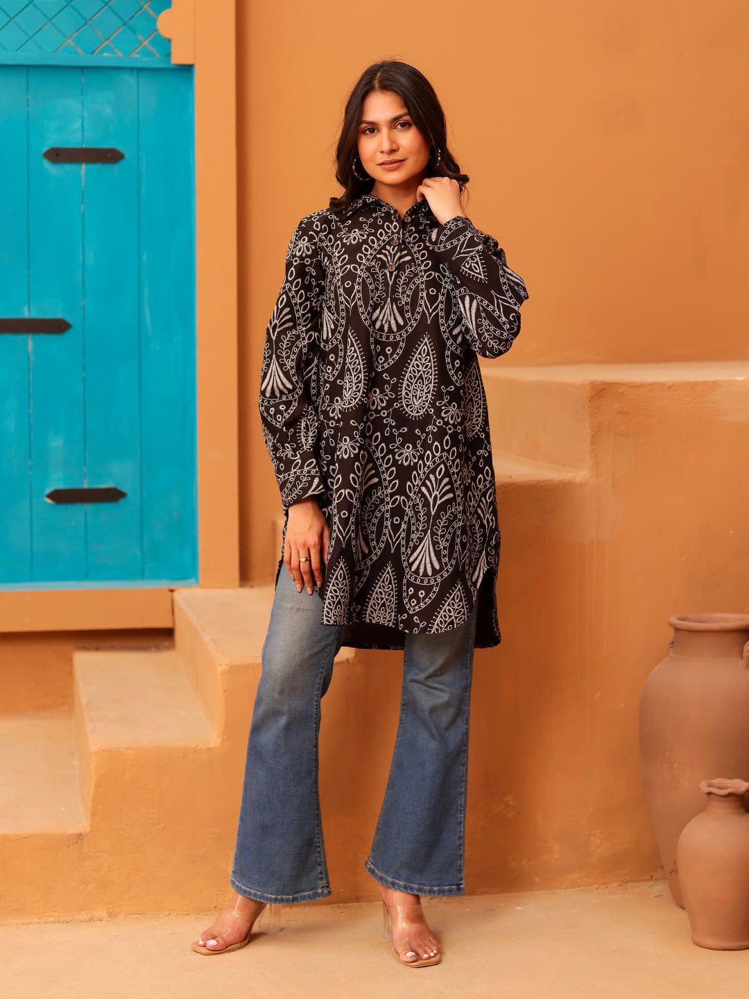 The Kaftan Company Tops Black and White Paisley Print Cotton Tunic Top