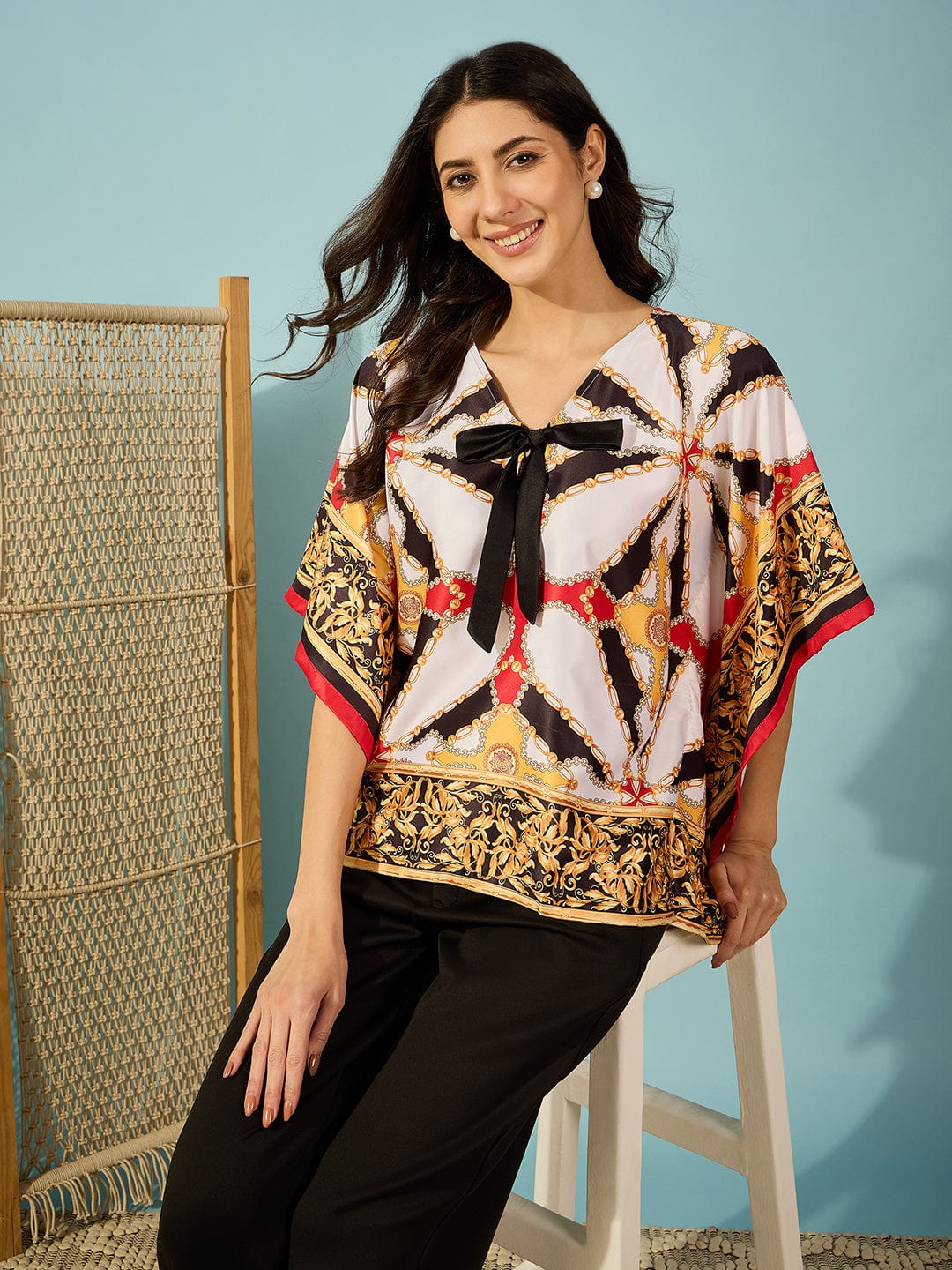 The Kaftan Company Tops Black Baroque and Bow Satin Kaftan Crop Top