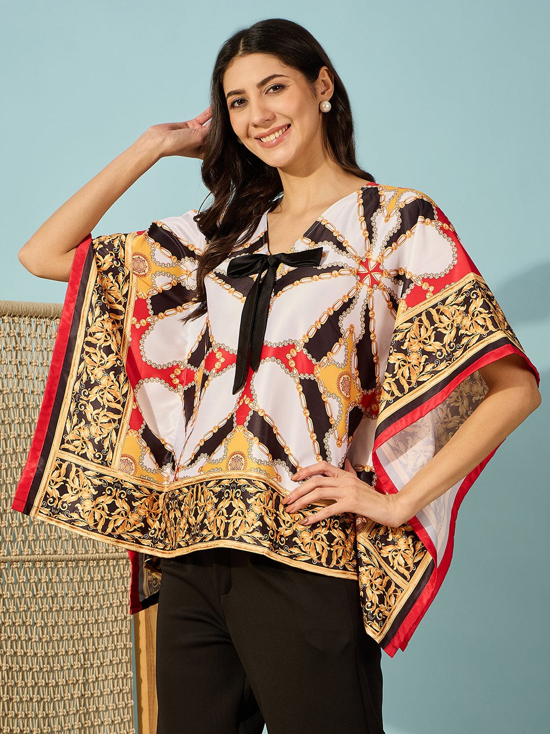 The Kaftan Company Tops Black Baroque and Bow Satin Kaftan Crop Top