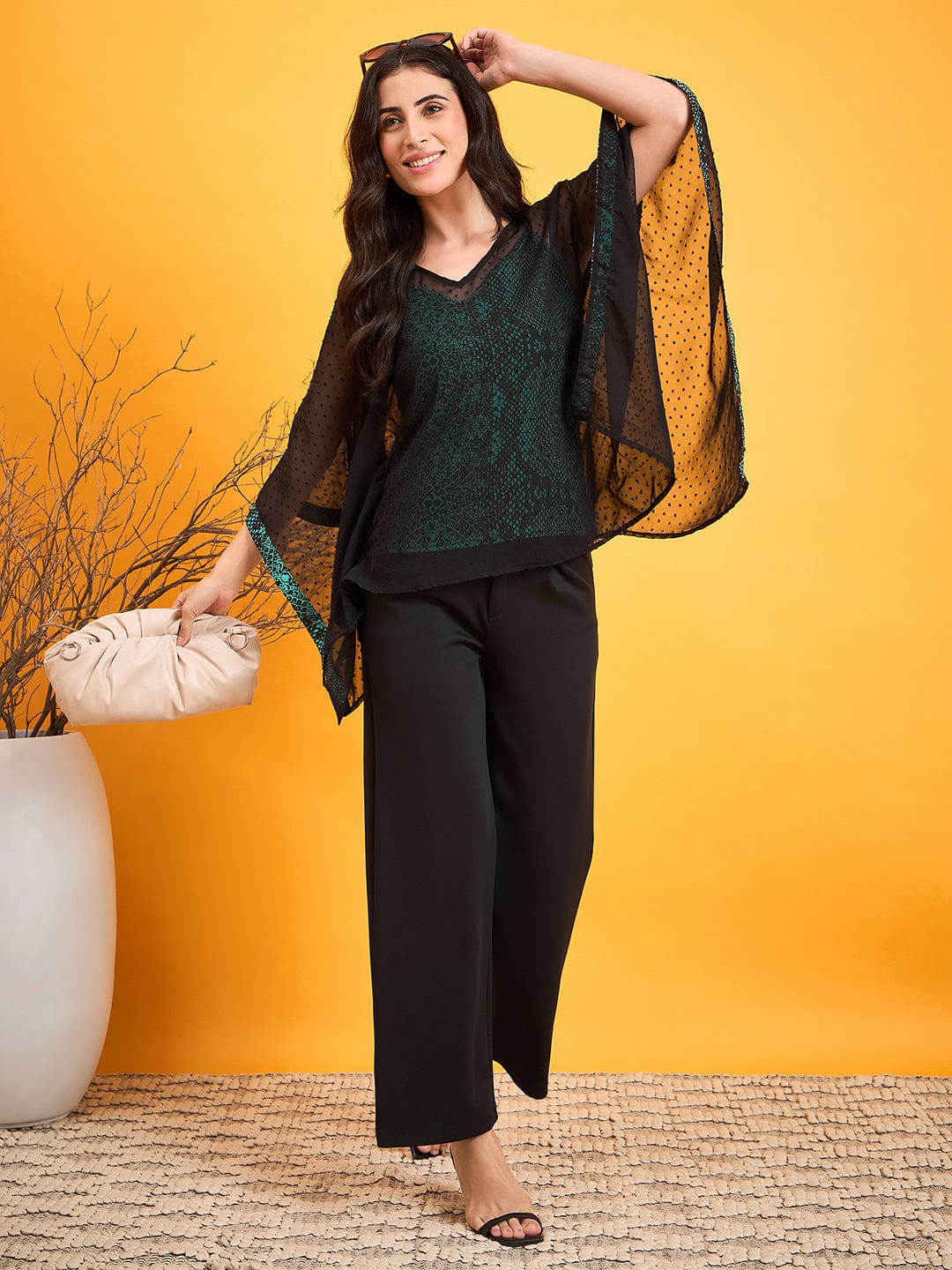 The Kaftan Company Tops Black Dobby Kaftan Top