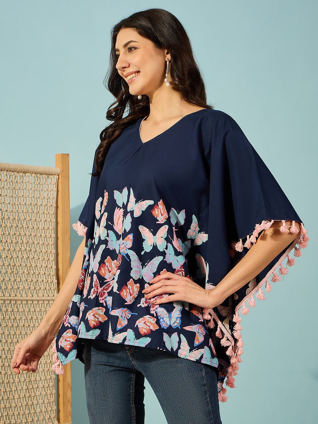 The Kaftan Company Tops Blue Butterfly Printed Cotton Kaftan Top
