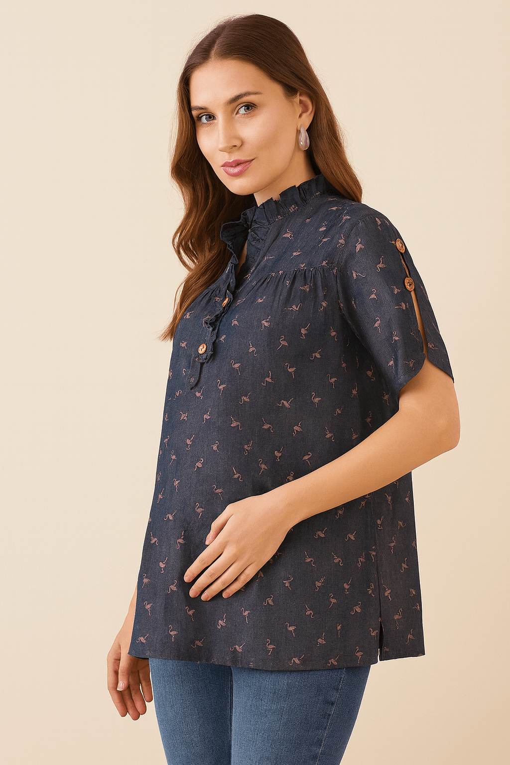 The Kaftan Company Tops Blue Denim Top with Ruffle Neckline and Flamingo Print