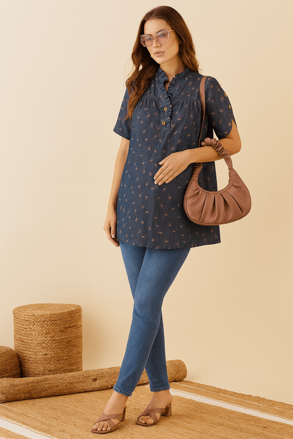 The Kaftan Company Tops Blue Denim Top with Ruffle Neckline and Flamingo Print