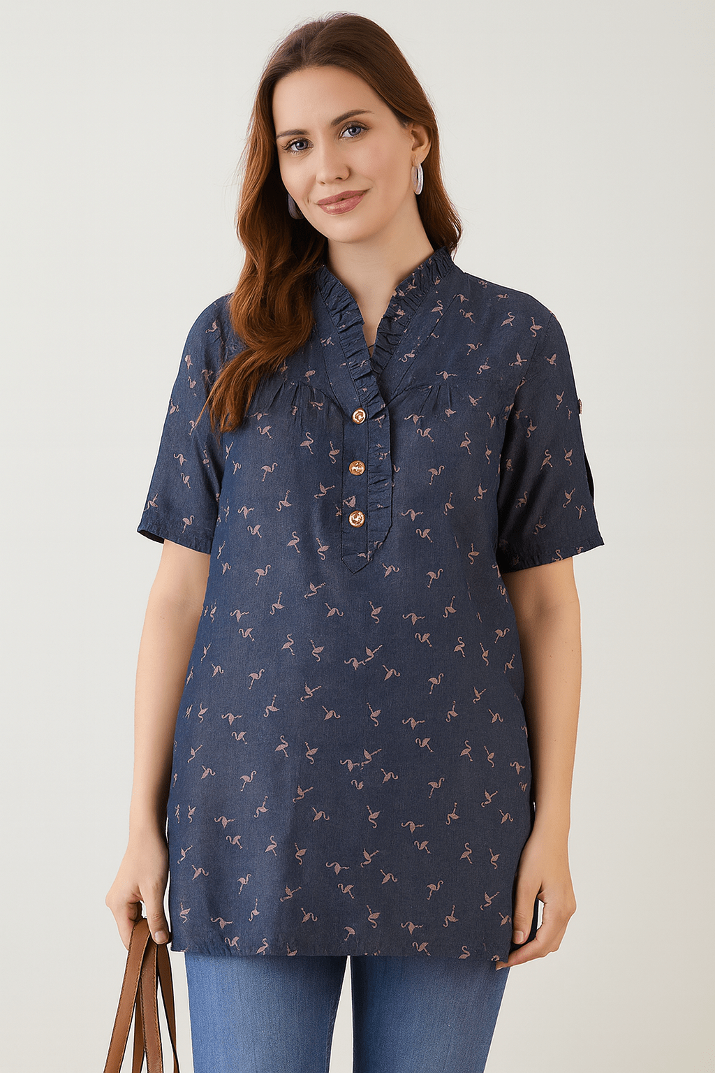 The Kaftan Company Tops Blue Denim Top with Ruffle Neckline and Flamingo Print