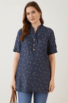 The Kaftan Company Tops Blue Denim Top with Ruffle Neckline and Flamingo Print