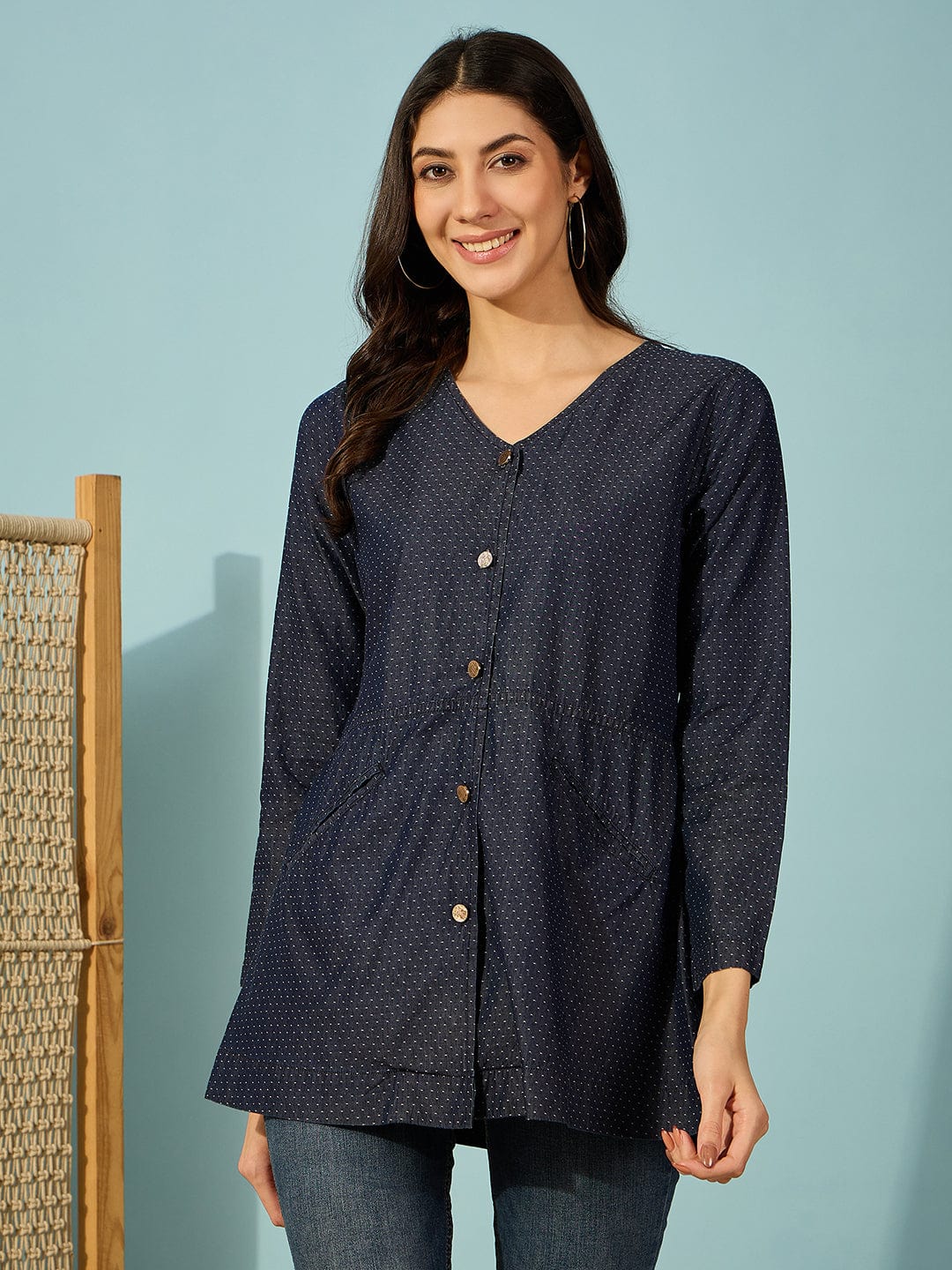 The Kaftan Company Tops Blue Denim Top with V-Neck and Front Buttons
