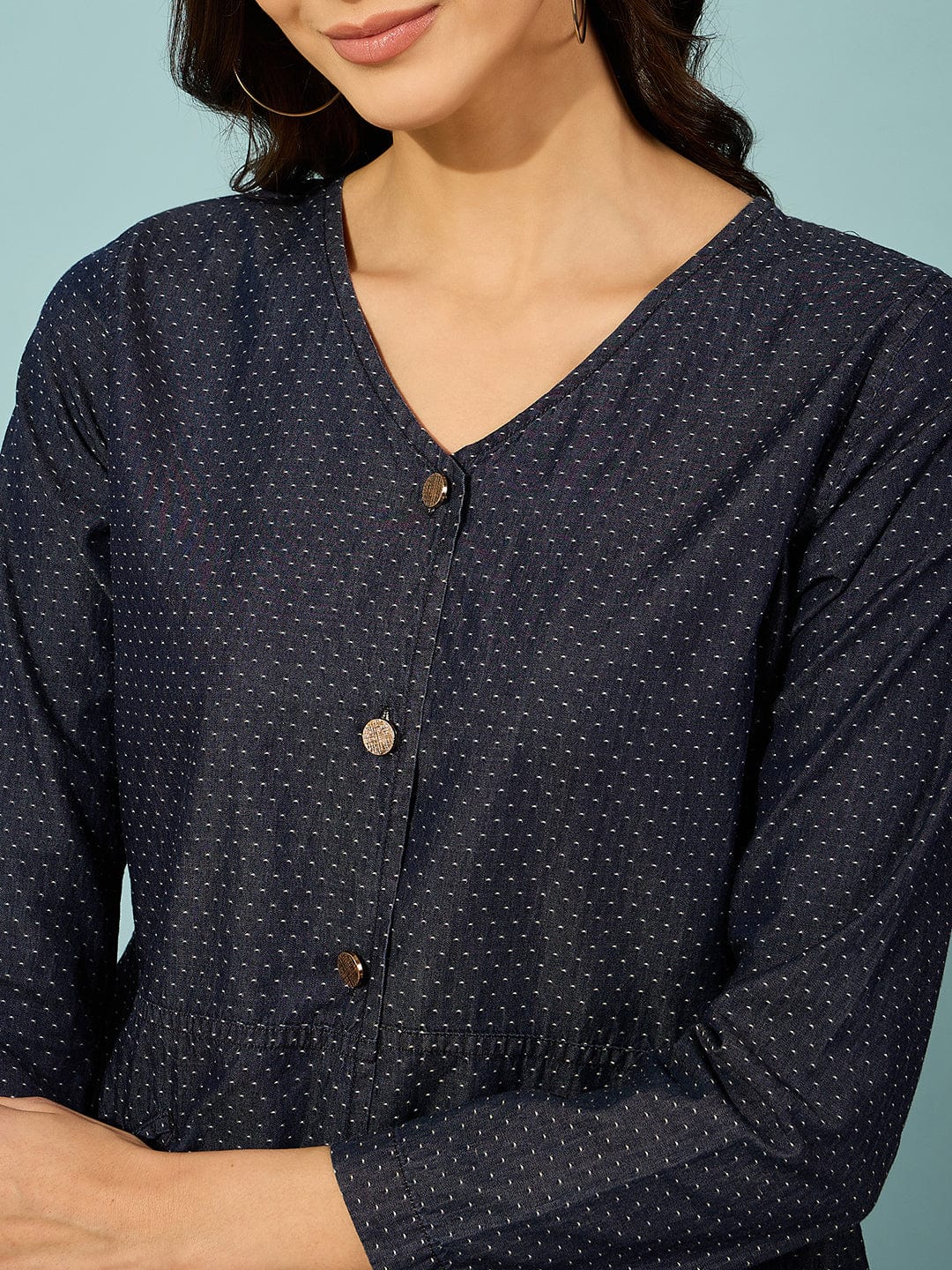 The Kaftan Company Tops Blue Denim Top with V-Neck and Front Buttons