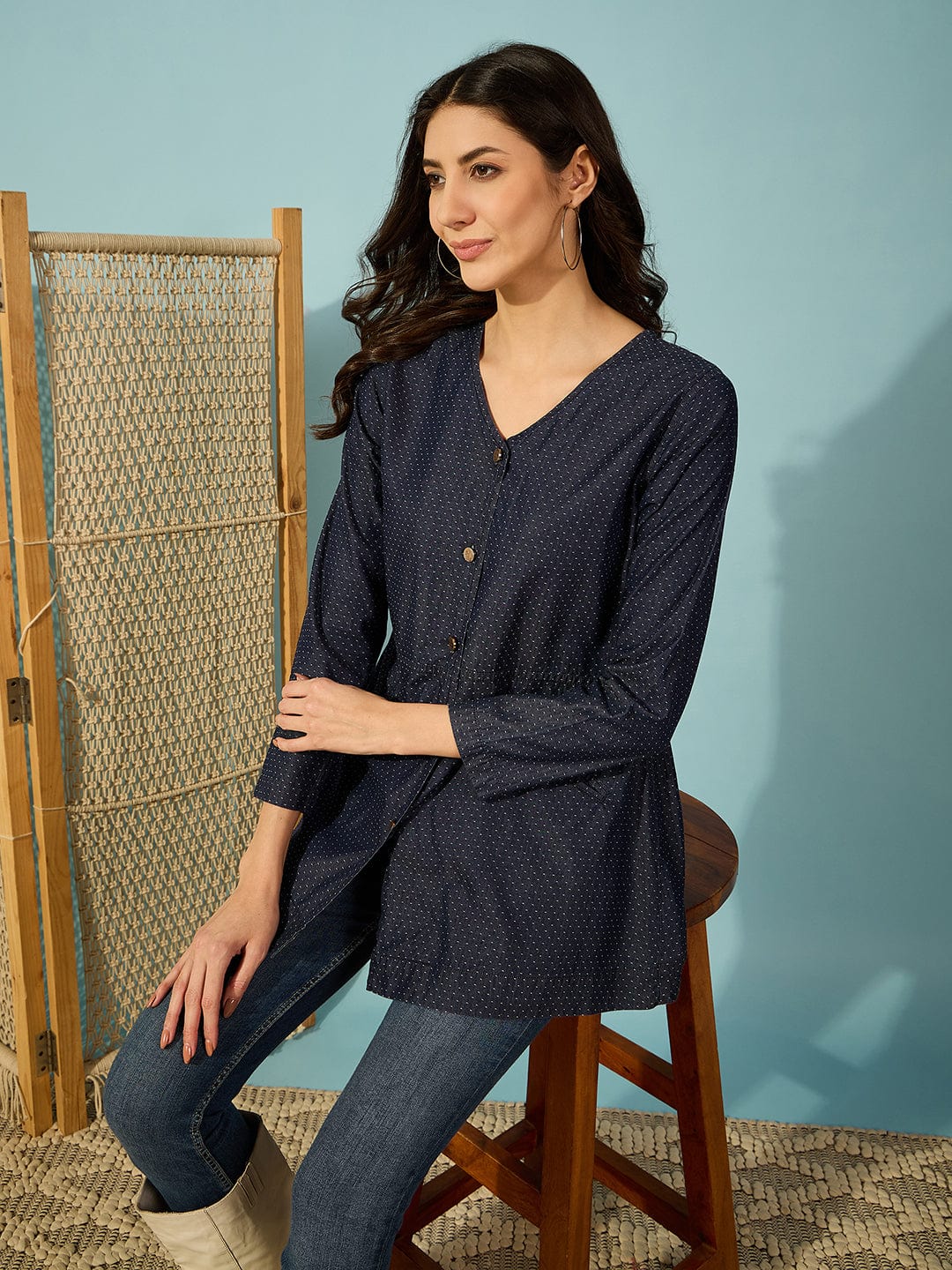 The Kaftan Company Tops Blue Denim Top with V-Neck and Front Buttons