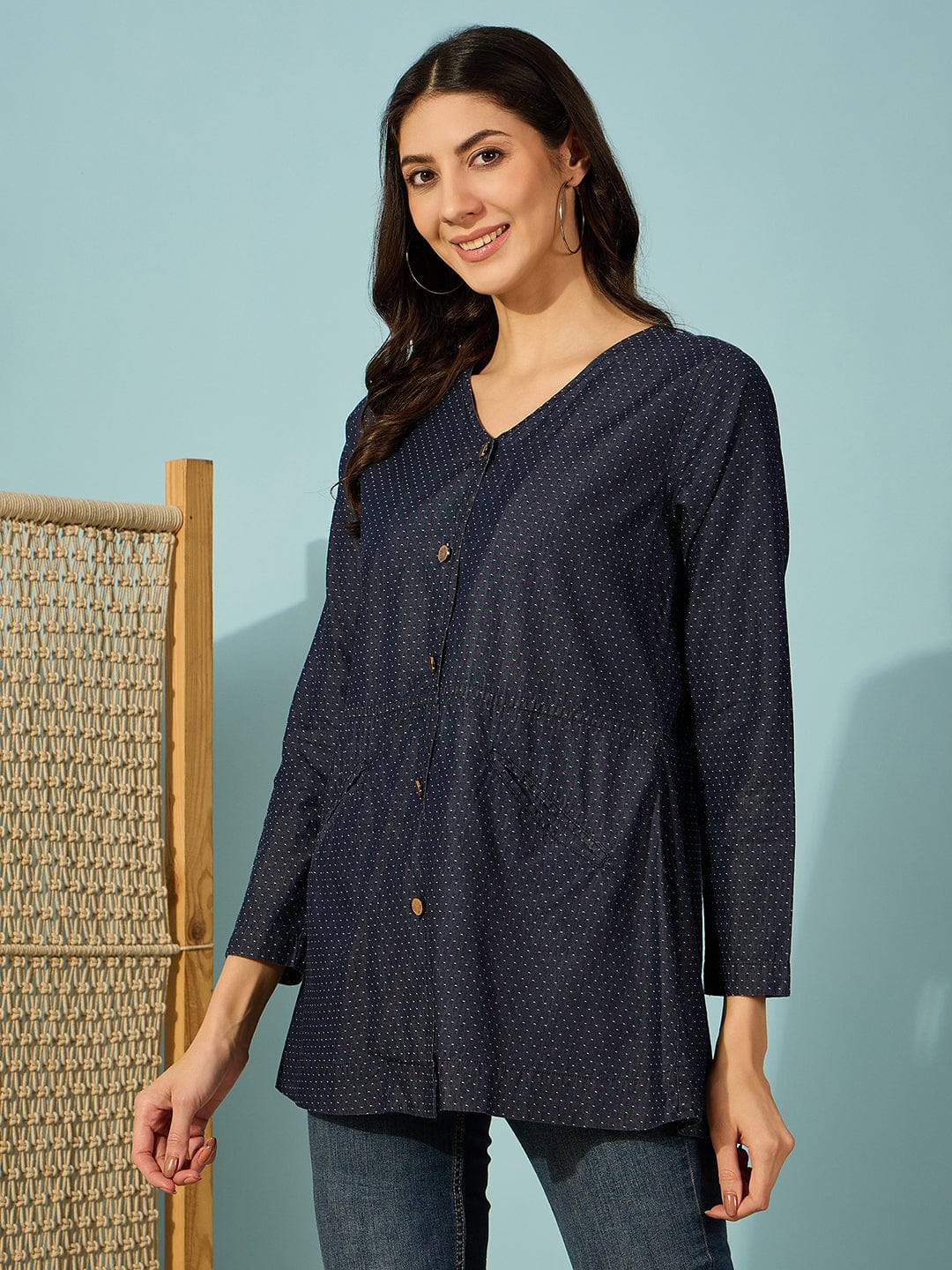 The Kaftan Company Tops Blue Denim Top with V-Neck and Front Buttons
